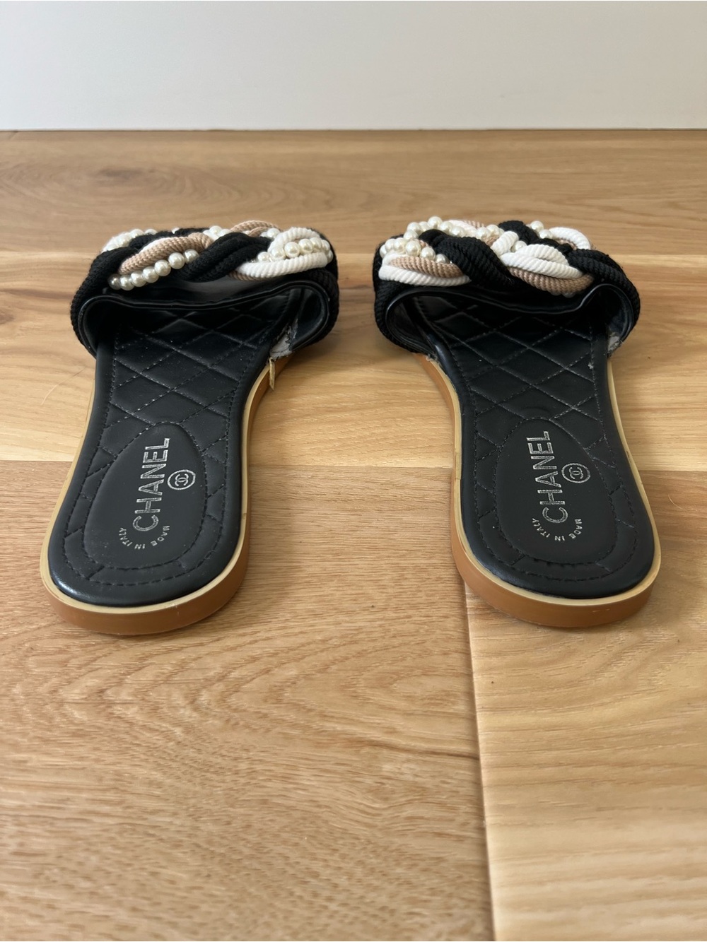 CHANEL Black Slide Sandals with Cream & Beige Rope and Pearl Trim Size 38 - Picture 3 of 6